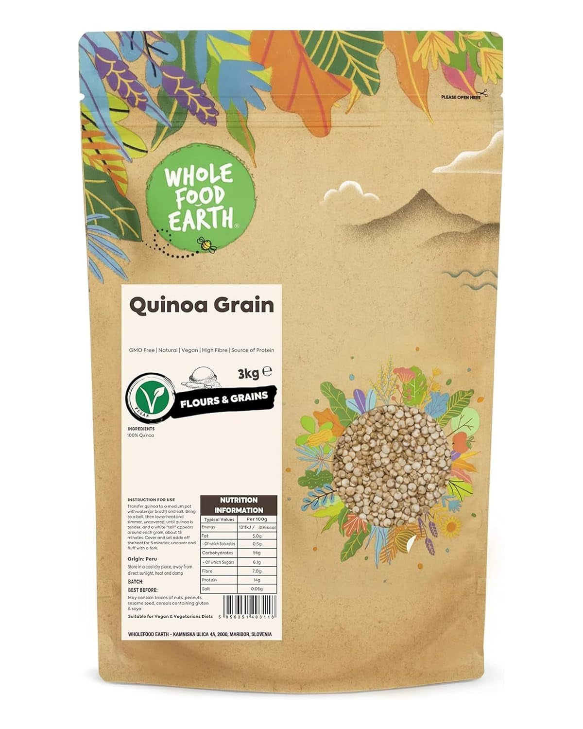 Granos de quinua Wholefood Earth - sin OGM - natural - vegano - sin lácteos - sin azúcares añadidos - 3 kg