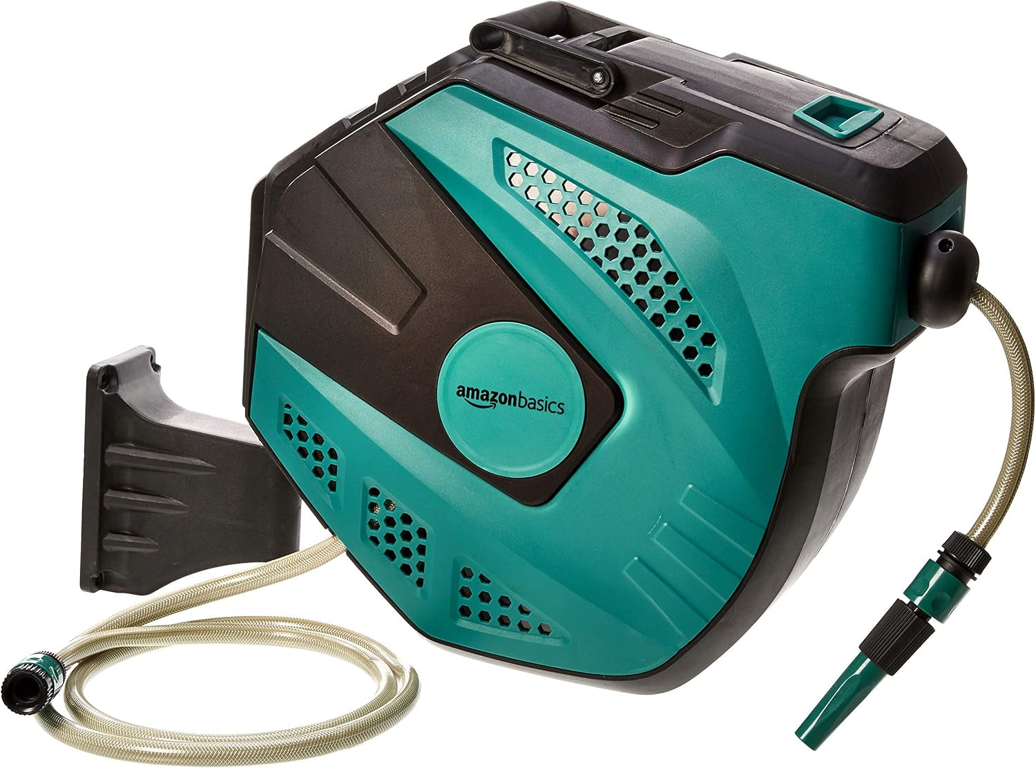 Amazon Basics Enrollador de manguera de pared con manguera, enrollado automático, 15 m, verde marino, negro