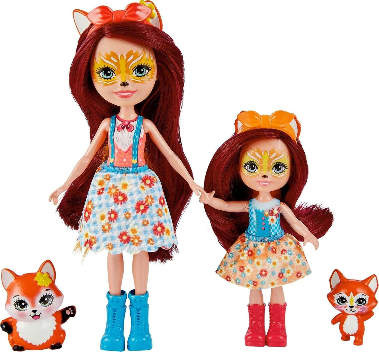 Enchantimals HCF81 - Felicity Fox y su hermana pequeña (aprox. 15 cm y aproximadamente 10 cm) y 2 figuras de animales, falda desmontable y accesorios, gran regalo para niños a partir de 3 años