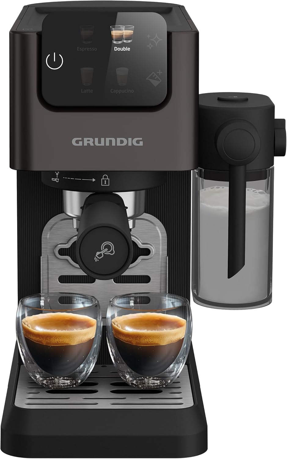 Cafetera espresso con portafiltro GRUNDIG KSM 5330 con depósito de leche integrado, potencia 1628 W, presión de bomba 15 bar, doble boquilla, pantalla táctil a color, BrewSense, CreamyPro, Acero inoxidable oscuro/Negro