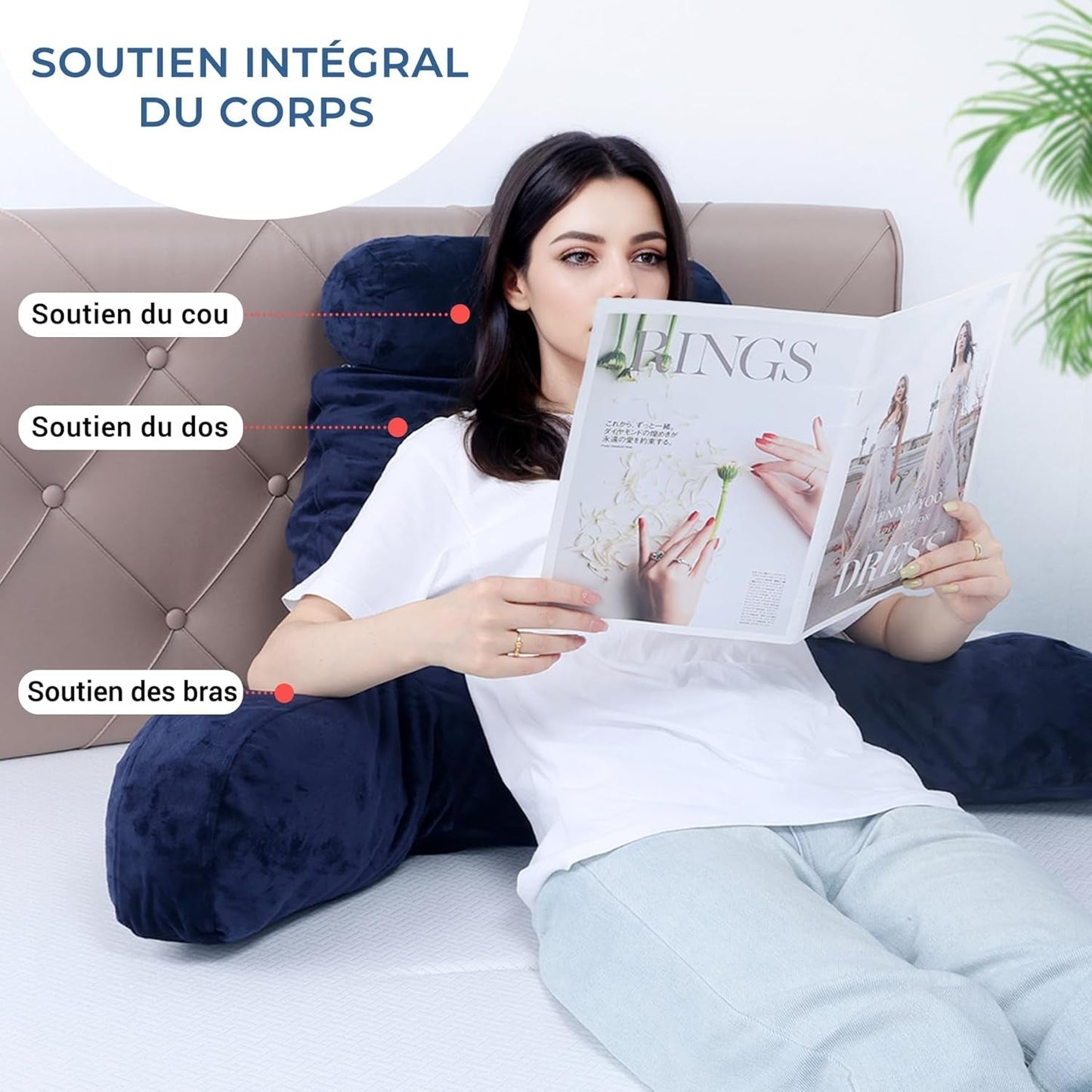INFANZIA Almohada de lectura con reposabrazos, viscoelástica, soporte ergonómico para sofá y cama, azul marino