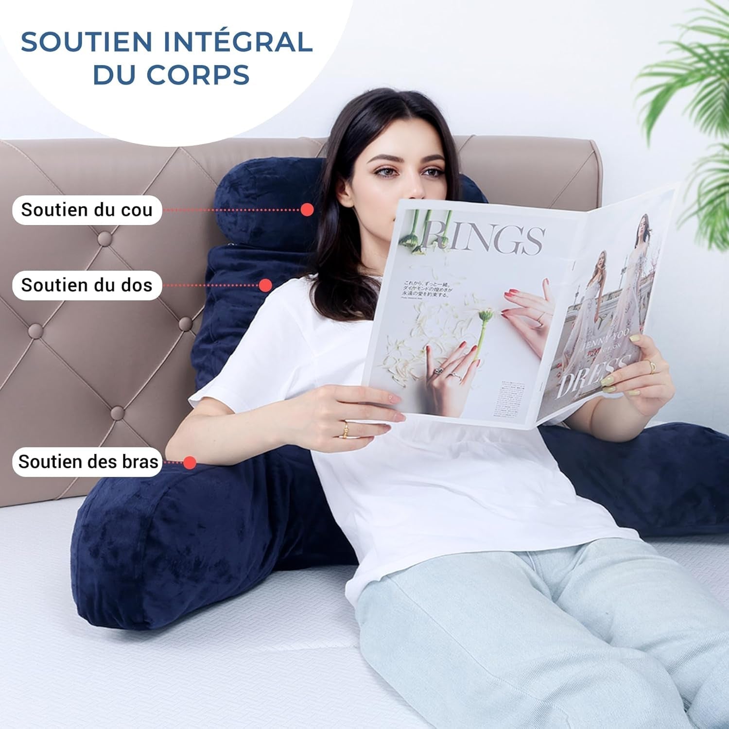 INFANZIA Almohada de lectura con reposabrazos, viscoelástica, soporte ergonómico para sofá y cama, azul marino