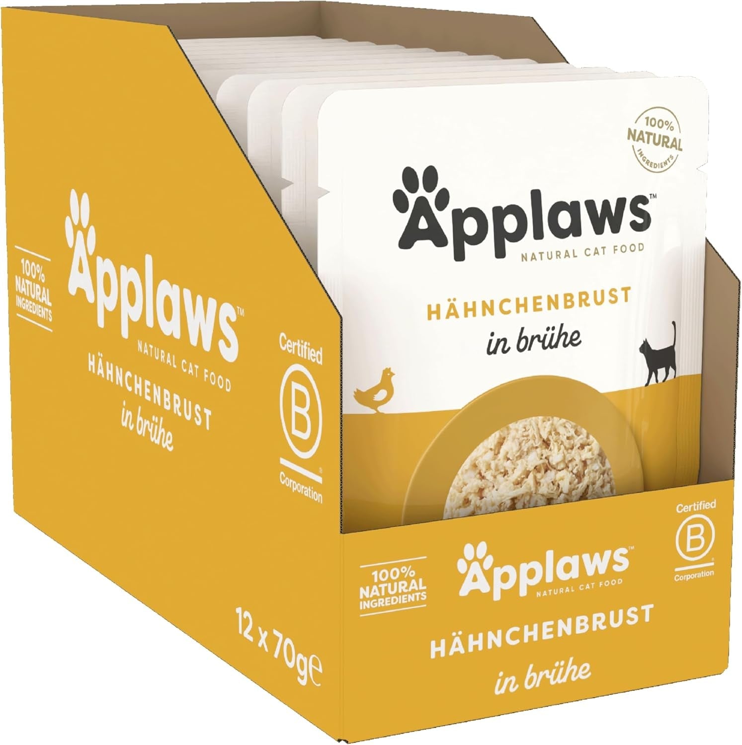 Applaws Comida húmeda para gatos 100% natural, pechuga de pollo en caldo - Paquete de 12 sobres de 70 g