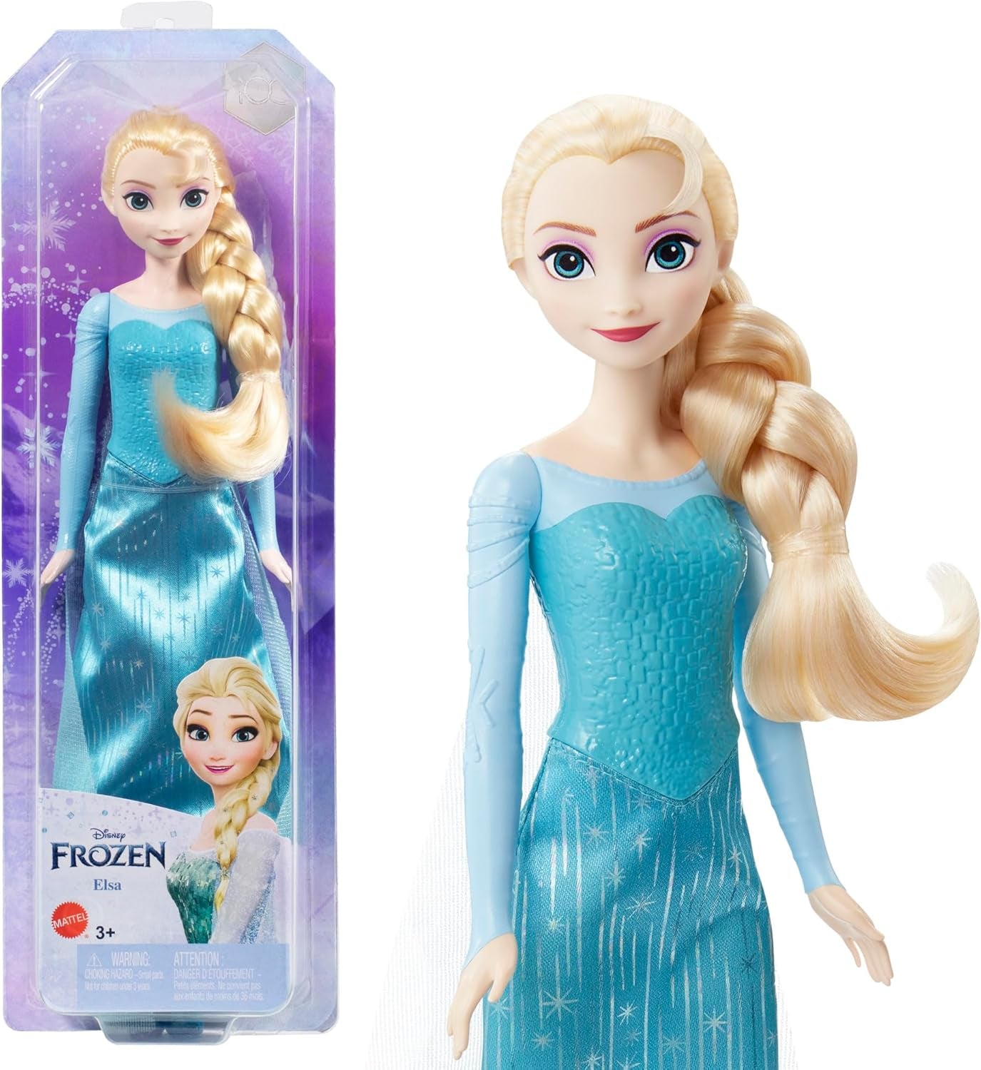 Elsa Mattel Disney Frozen Doll, Frozen Doll, Cabello rubio peinable, posicionable, zapatos desmontables, regalos de Disney, juguete para mayores de 3 años, HLW47