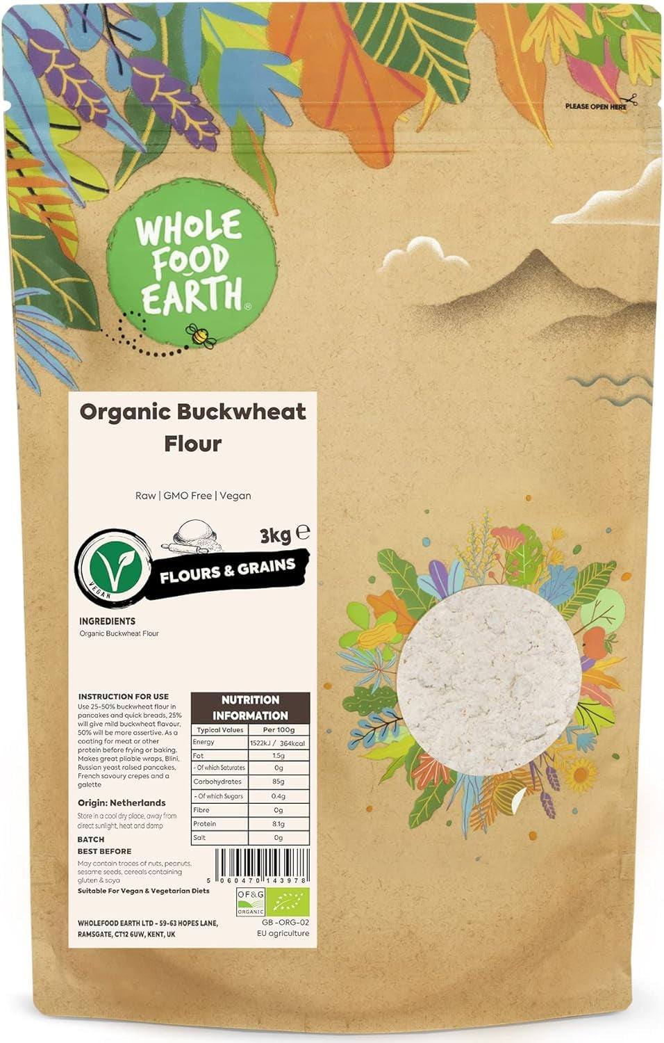 Wholefood Earth Harina de Trigo Sarraceno Orgánica 1kg | Crueles | Sin OGM | Vegano | Certificado orgánico