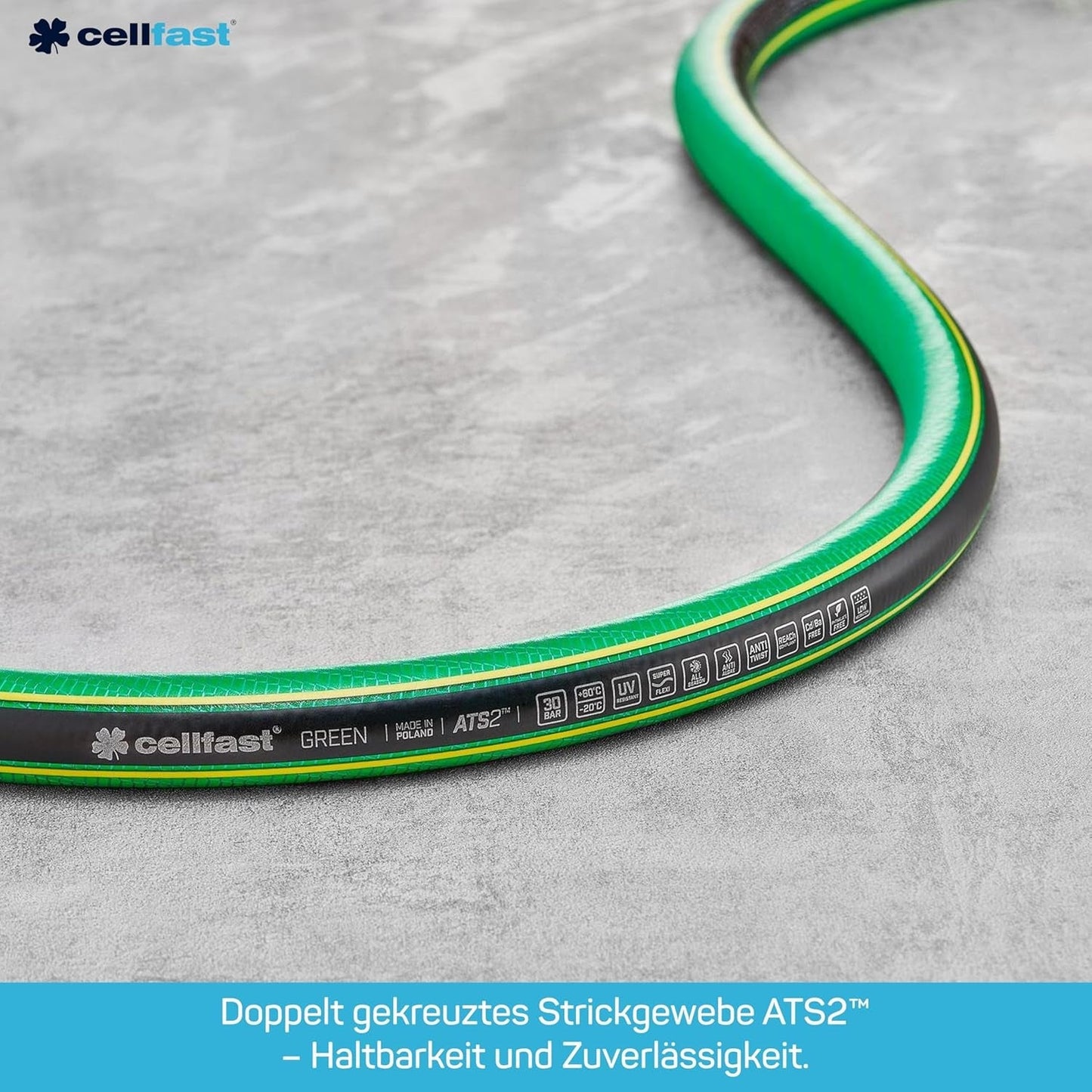 CELLFAST Manguera de jardín Manguera de agua de 5 capas Manguera de riego transfronteriza trenzada doble Resistente a los rayos UV Antialgas Flexible 30 bar 3,4 pulgadas 50 metros Verde