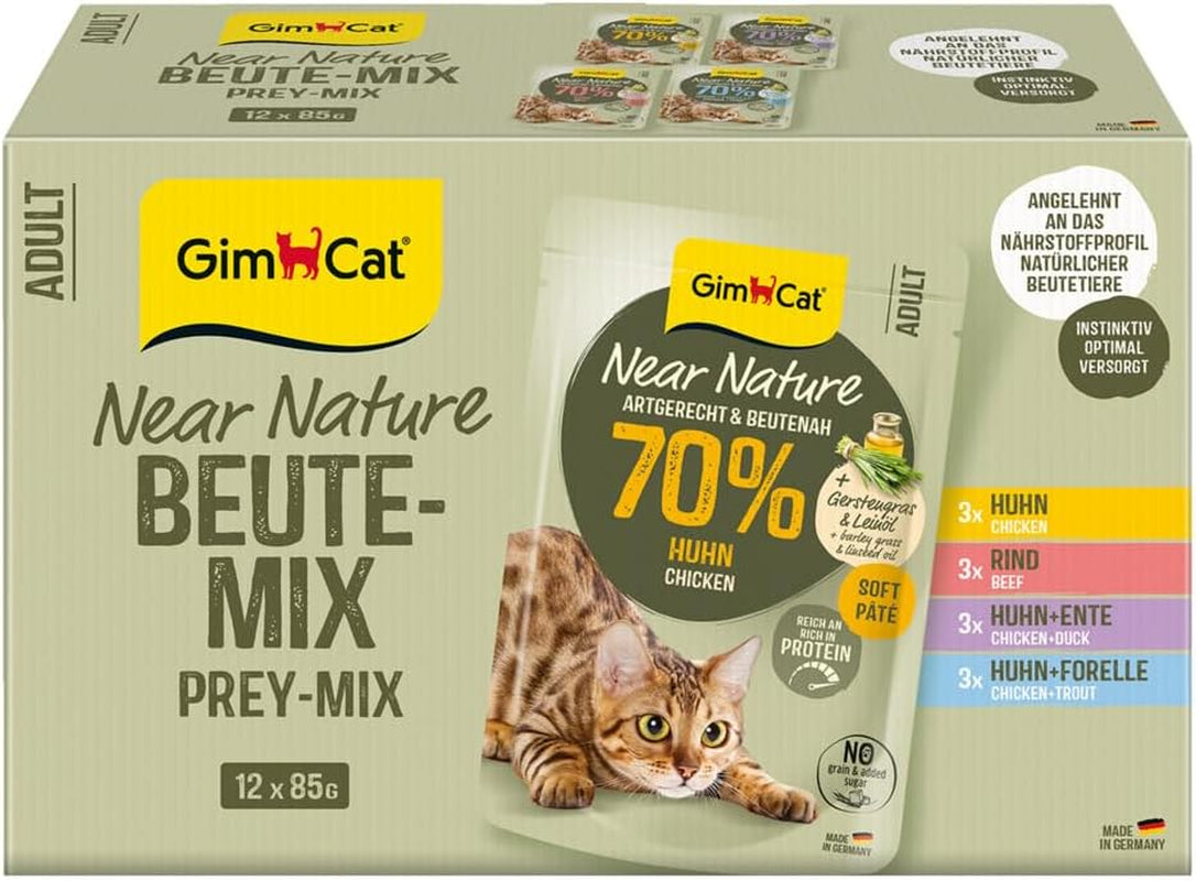 GimCat Near Nature Trial Mix 12 Pack - Alimento húmedo sin cereales para gatos a partir de 7 meses con una receta apropiada para su especie y presa específica - 12 sobres (12 x 85 g)