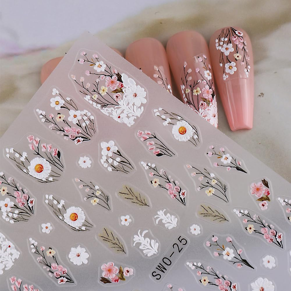 Calcomanías De Uñas De Flor De Ciruelo, Calcomanías De Uñas De Flor Rosa Blanca, Calcomanías De Uñas De Flor En Relieve, Calcomanías De Uñas De Flor De Primavera Verano, Diseños De Uñas, Accesorios De Uñas, Arte De Uñas