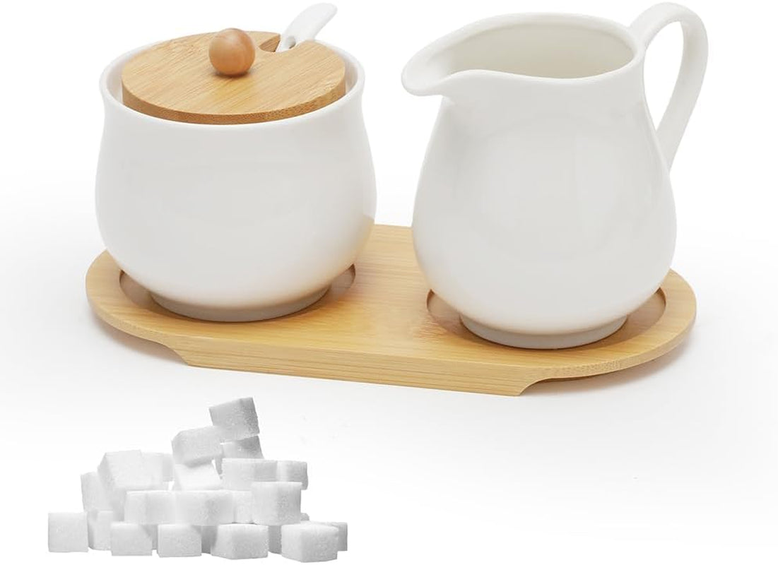 Juego de leche y azúcar con tapa y cuchara, lechera de cerámica de 5 piezas y azucarero con tableta de madera, recipiente para leche y azúcar para cocina, café, microondas y lavavajillas (blanco)