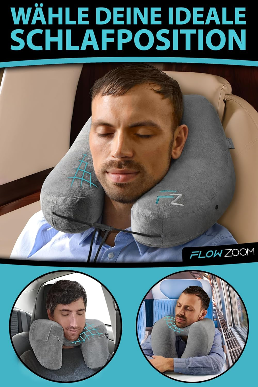FLOWZOOM AIR Almohada Inflable para el Cuello con Capucha - Almohada para el Cuello de Avión - Almohada de Viaje - Almohada para el Cuello de Viaje Inflable Rápido - Almohada para Avión - Almohada de Viaje - Almohada para el Cuello para Adultos (Gris) Almohadas Ortopédicas Cervicales Naty Shop
