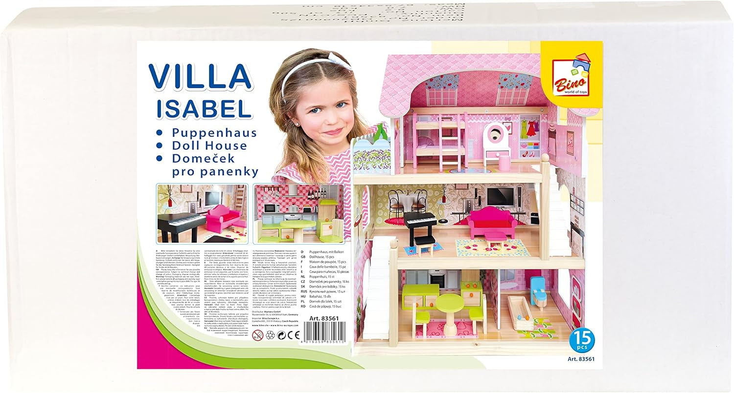 Bino World of Toys Casa de muñecas con balcón, Juguete para niños a partir de 3 años, con 3 plantas, escaleras, 4 habitaciones y balcón incl. 15-TLG. Accesorios, Para fomentar las habilidades de los niños, Diseño rosa Naty Shop casas de muñecas