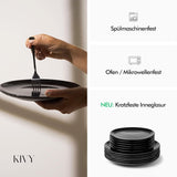 KIVY Geschirrset 6 Personen[Kratz & Spülmaschinenfest] 6x27cm + 6x22cm - Teller Set 12-teilig modern - Geschirr Set - Kombiservice - Geschirrset - Teller Set Schwarz - Teller Schwarz Matt