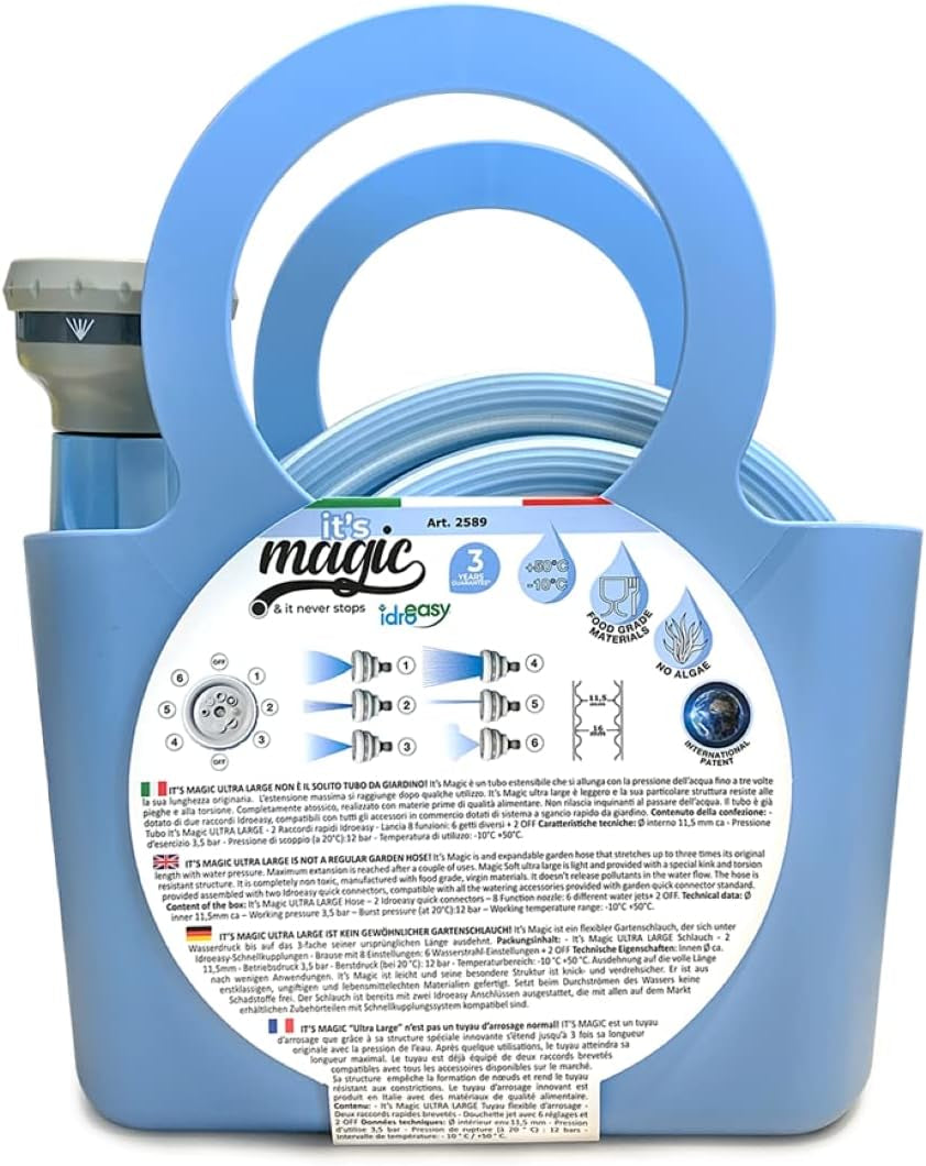 Manguera de jardín extensible Magic Blue, resistente a nudos y torceduras, 10 metros, con bolsa y boquilla pulverizadora