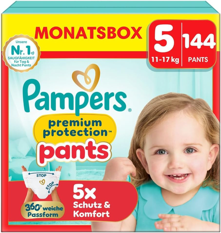 Pampers Premium Protection Pants Talla 7, 123 pañales, 15 kg+, con ajuste de 360° y puños suaves antifugas para una comodidad y protección óptimas