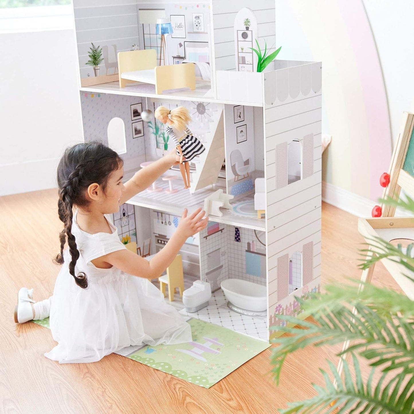 Teamson Kids Olivia's Little World Casa de muñecas gigante con 16 accesorios para muñecas, casa de muñecas de madera con muebles, casa de muñecas de 3 pisos, 30 cm para niños, a partir de 3 años