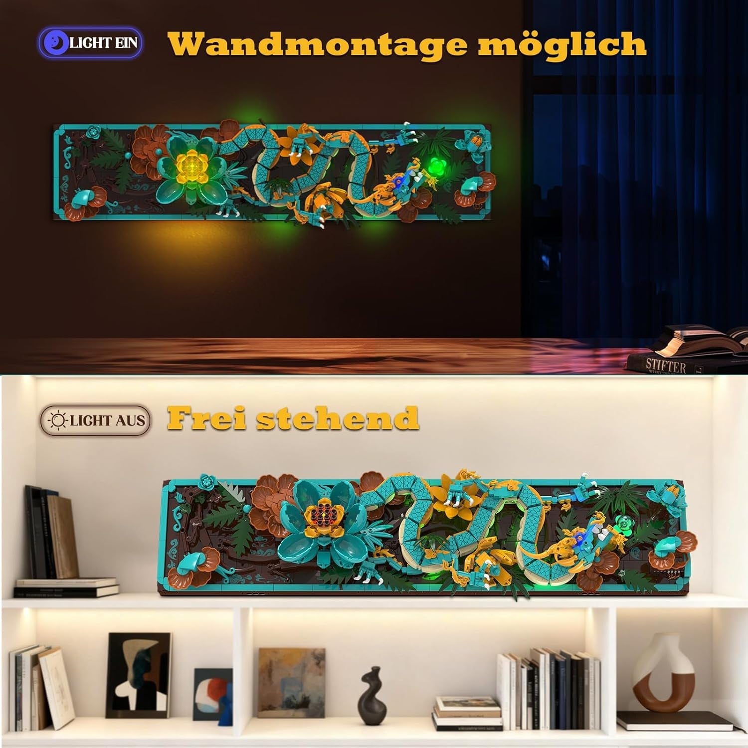 Kit de construcción de azulejos de dragón mítico para adultos, juguete de construcción de arte divino 3D con luces LED y flores, kit de modelo de relieve de dragón, regalos creativos y decoraciones (1676 piezas)