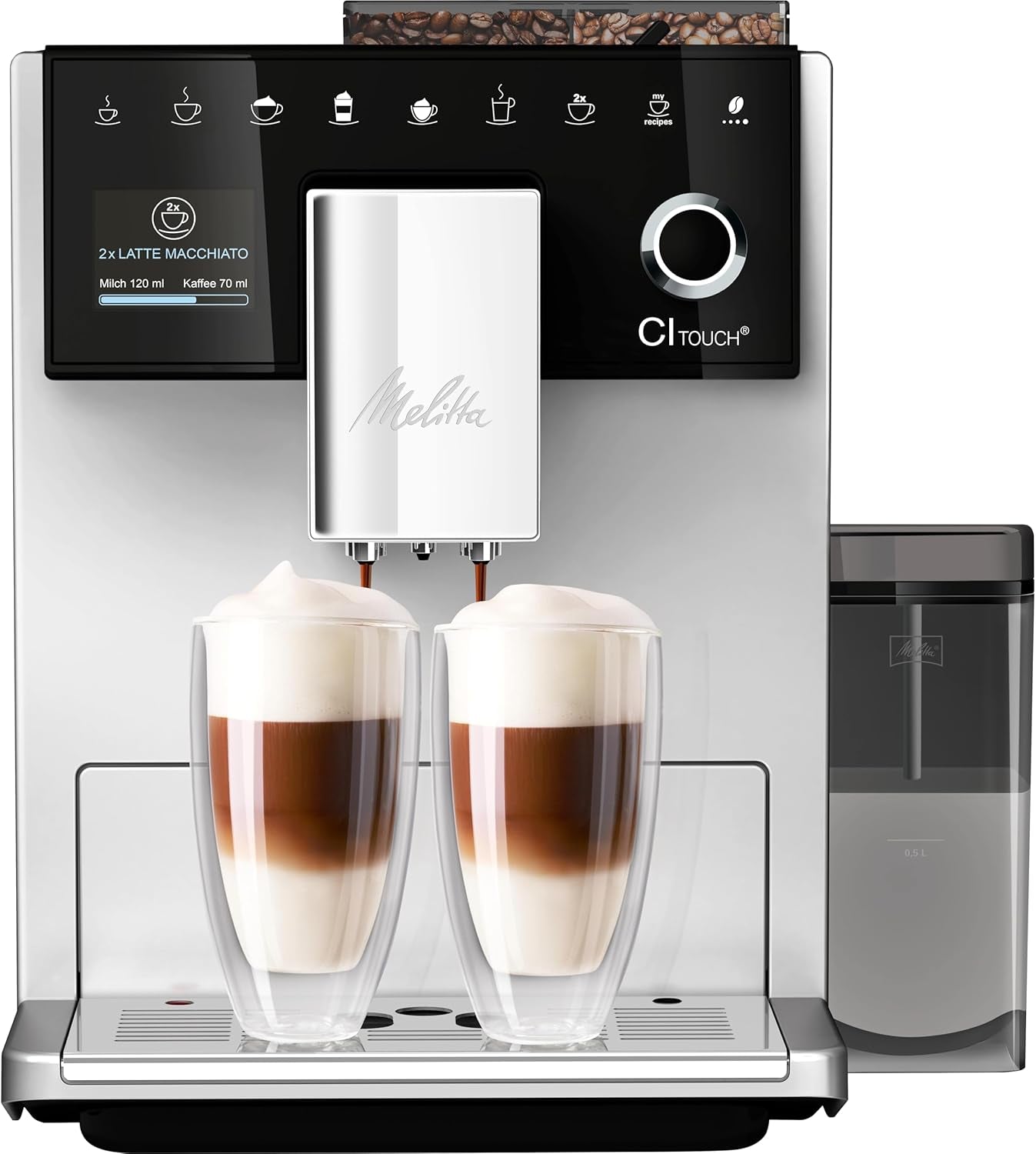 Melitta CI Touch: cafetera espresso totalmente automática con sistema de leche, cafetera espresso con molinillo de café integrado y espumador de leche, p. para espresso o capuchino, plateado