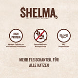 Shelma Comida húmeda para gatos Megapack con ternera, pavo, pollo y pato - Alimento completo sin cereales con alto contenido en carne - 40 x 85 g (3,4 kg)