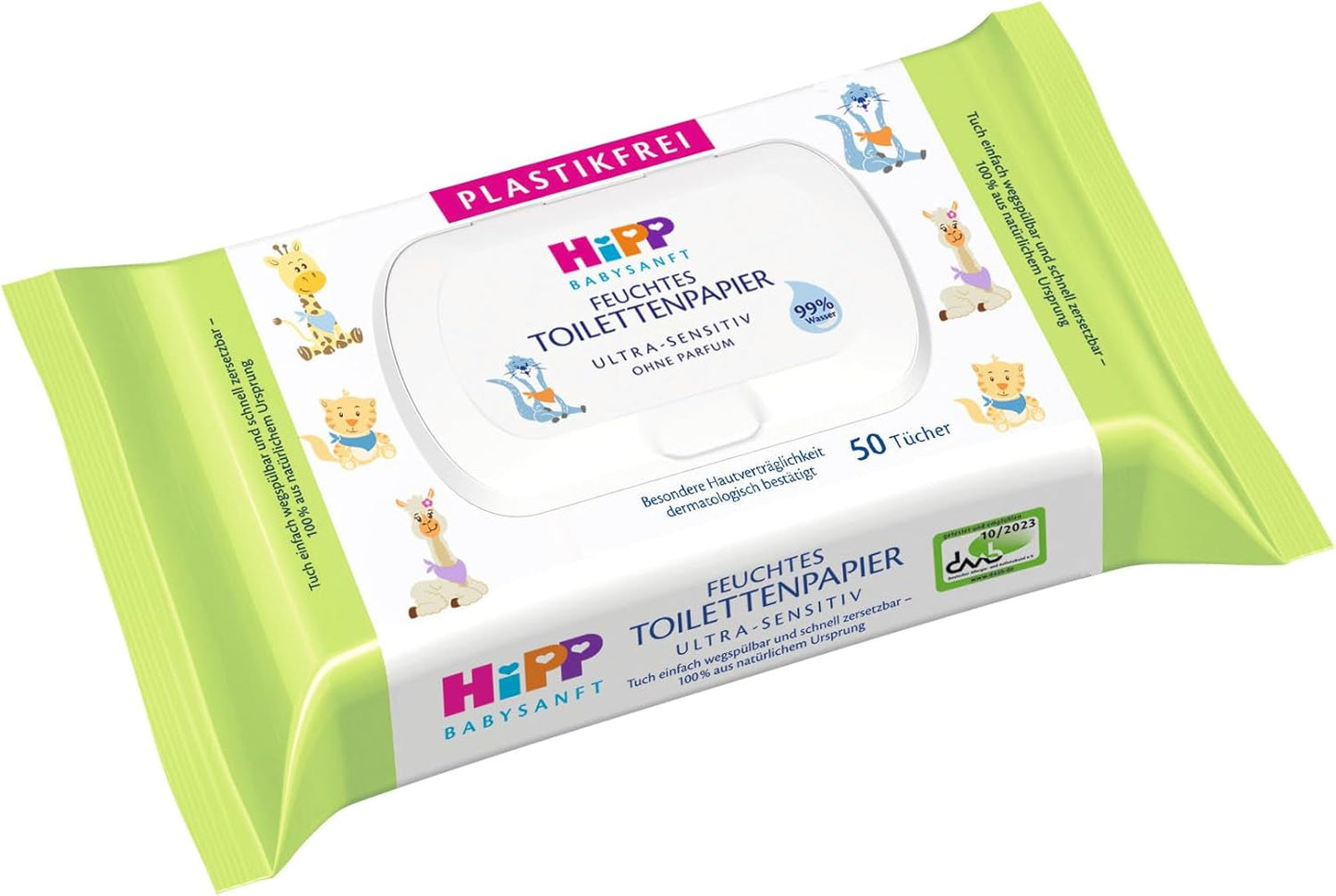 Papel higiénico HiPP Baby Soft Wet (6 x 50 hojas), 99% agua, ultrasensible, sin perfume, con tapa con bisagras