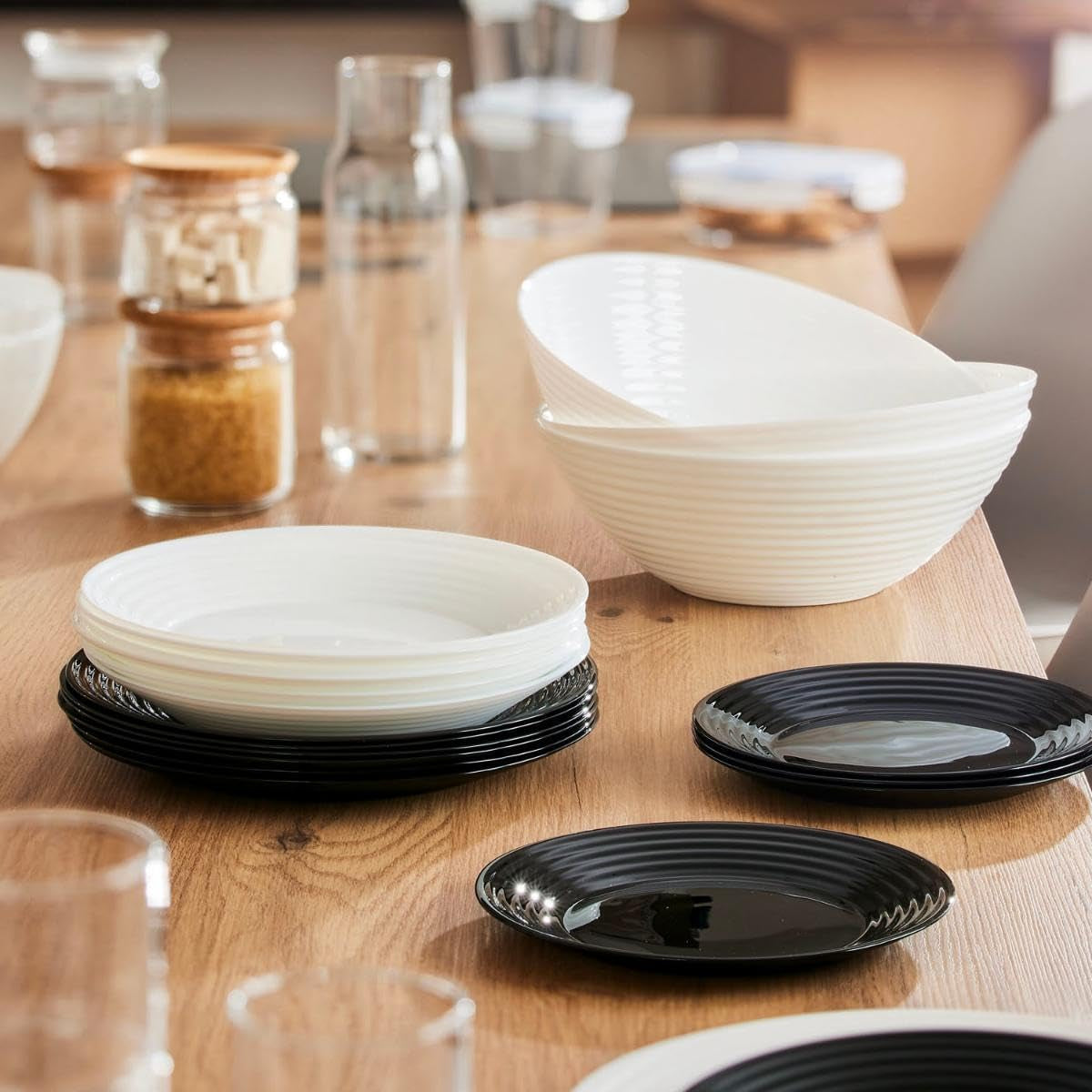 Harena N&b Glasgeschirr, 18 piezas, para 6 personas, blanco y negro