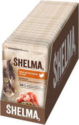 Shelma Comida húmeda para gatos con pavo en salsa de tomate y hierbas - Alimento completo sin cereales con alto contenido en carne - 28 x 85 g (2,38 kg)