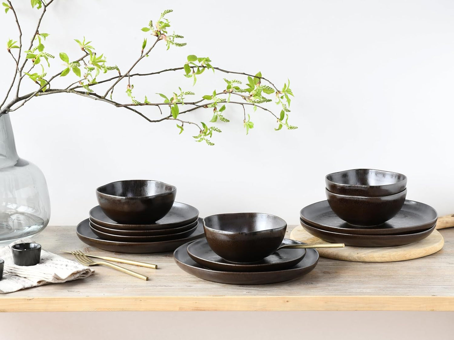 CreaTable, 21249, Serie Natura Organic RUSTY, Vajilla de 12 Piezas para 4, Juego de Platos de Porcelana, Apto para Lavavajillas y Microondas, Fabricado en Europa