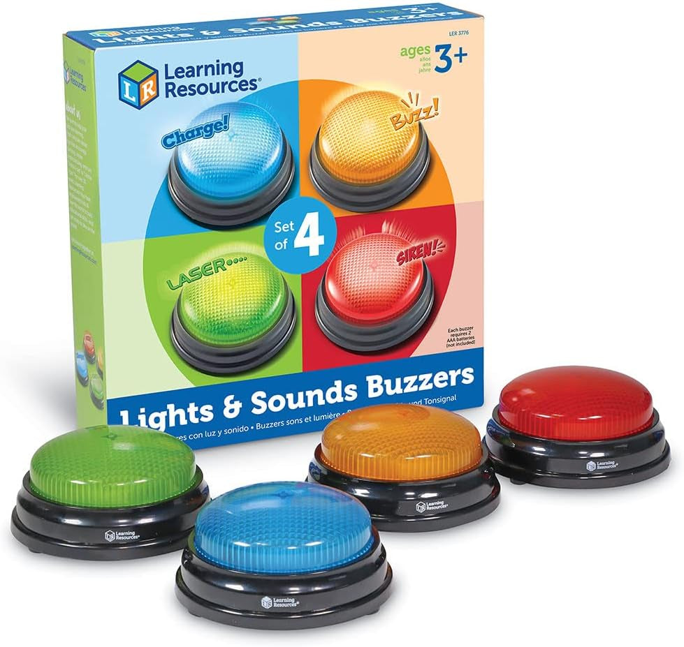 Learning Resources Luz y Sonido Zumbador Juegos Educativos A Partir de 3 Años Juguete de Preguntas para Niños con 4 Sonidos Diferentes para Noches de Juegos y Aulas Juguetes para Bebés Naty Shop Sin Pilas Incluidas Set de 4