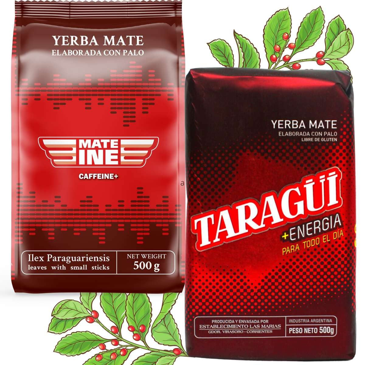 Juego de té con cafeína Mate Energy | Yerba Mate Taragui Té Energético 500 g | Té de cafeína mate | Alternativa a las bebidas energéticas y con cafeína | Té de yerba mate con hojas enteras 1 kg