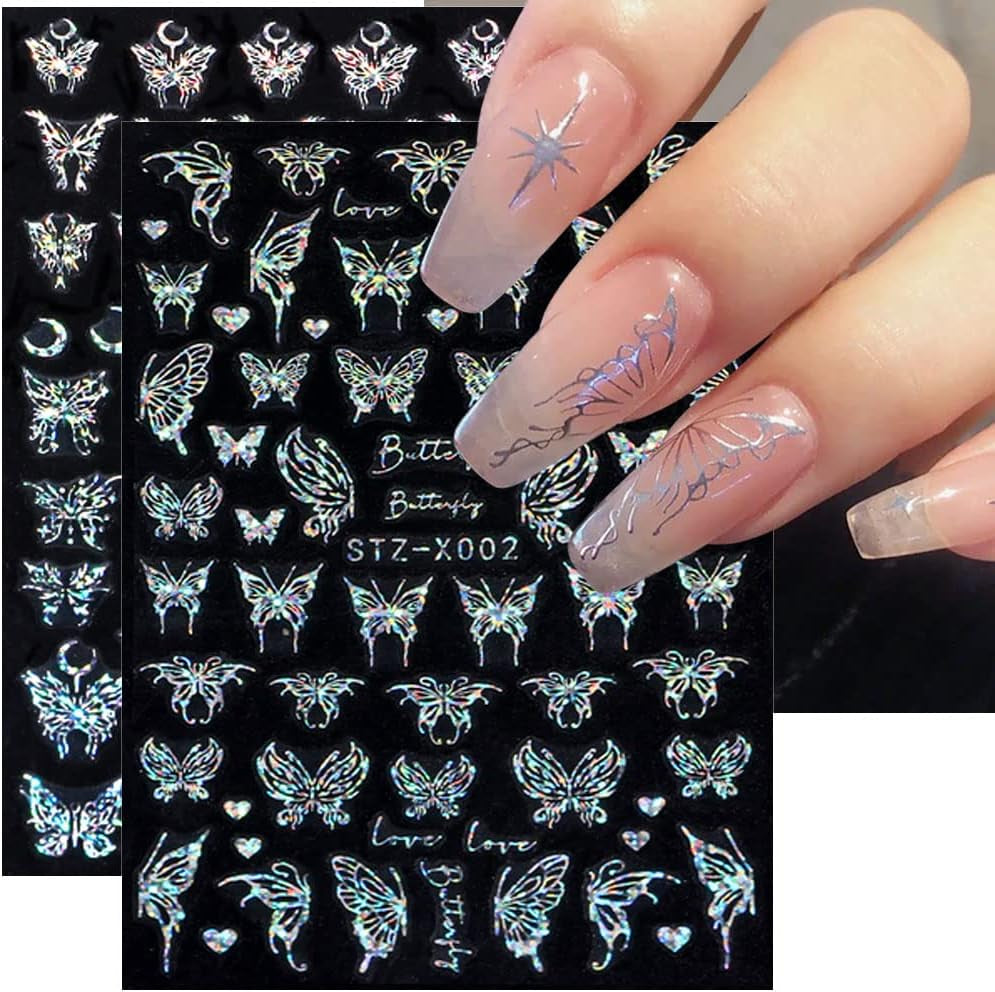 6 Blatt Schmetterling Nagelsticker Selbstklebend Laser Silber Schmetterlings Nagelaufkleber 3D Aurora Silber Schwarz Schmetterlinge Nagel Pegatinas Frühling Nageldesign Nail Sticker Nail Art Zubehör
