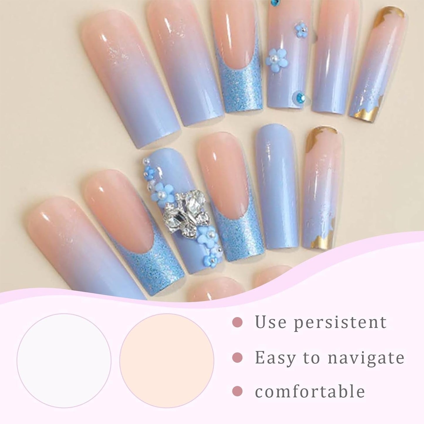 24 Uds. De uñas artificiales de mariposa azul, prensa cuadrada en puntas de uñas postizas con purpurina larga francesa, diamantes de imitación brillantes