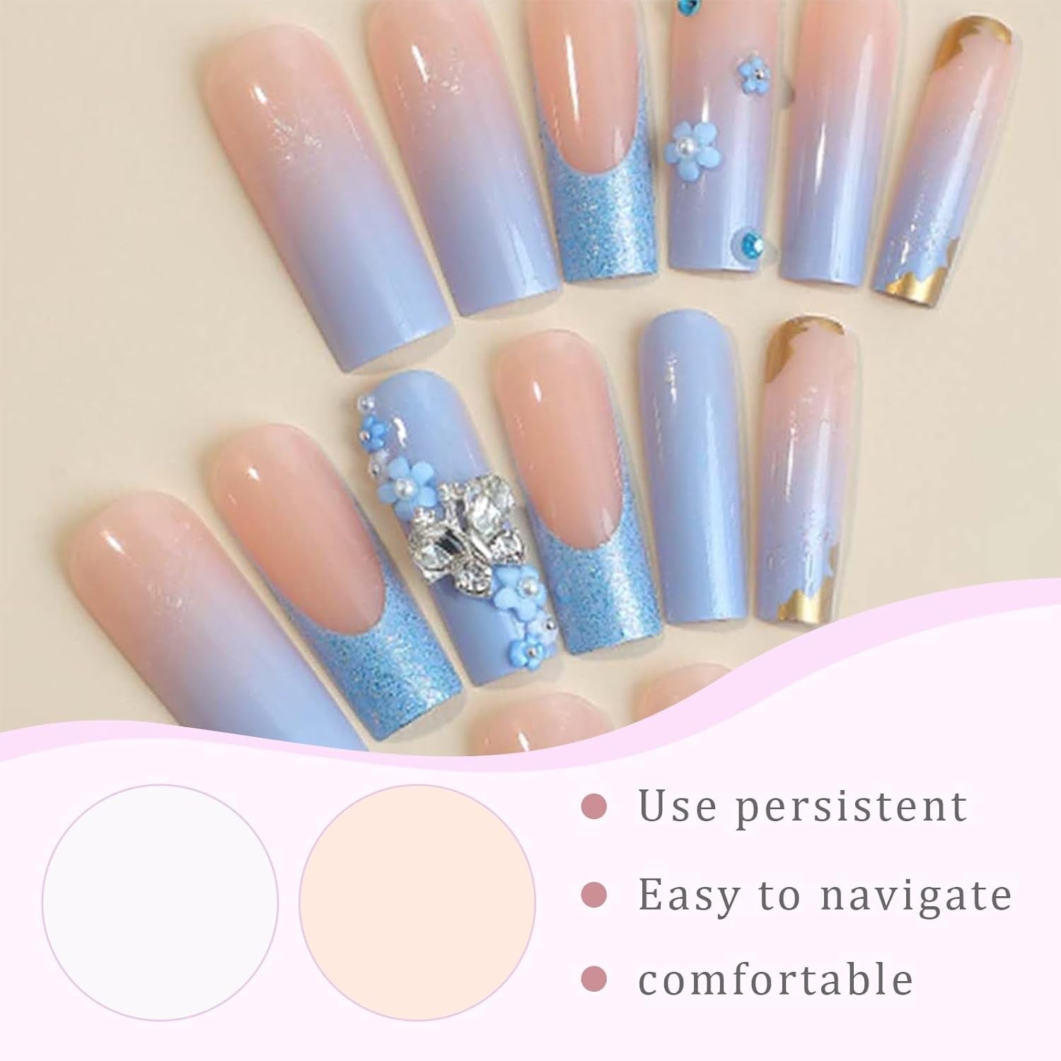 24 Uds. De uñas artificiales de mariposa azul, prensa cuadrada en puntas de uñas postizas con purpurina larga francesa, diamantes de imitación brillantes