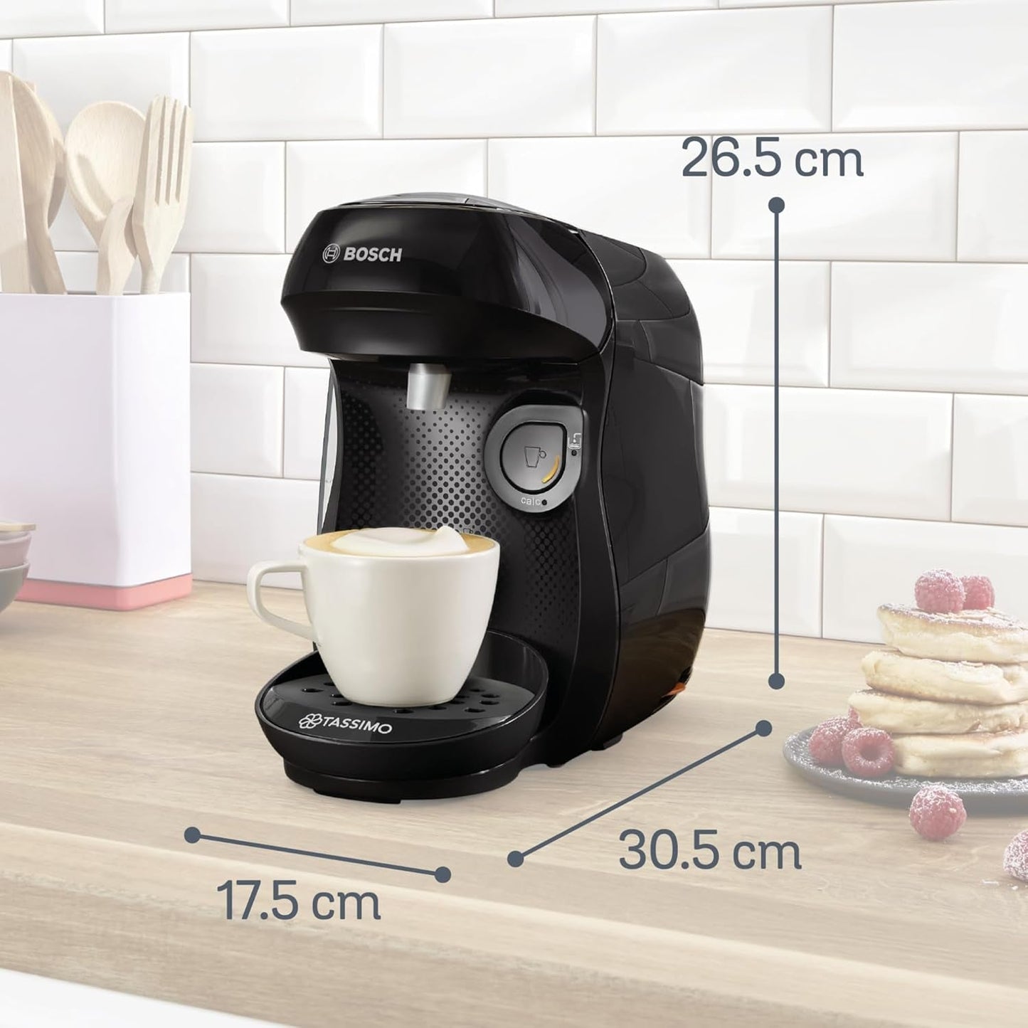 Bosch Tassimo Happy Friendly TAS102E Cafetera espresso de cápsulas, más de 70 bebidas, apta para todas las tazas, parada automática, sostenible, dosificación perfecta, ahorro de espacio, 1400 W, negra