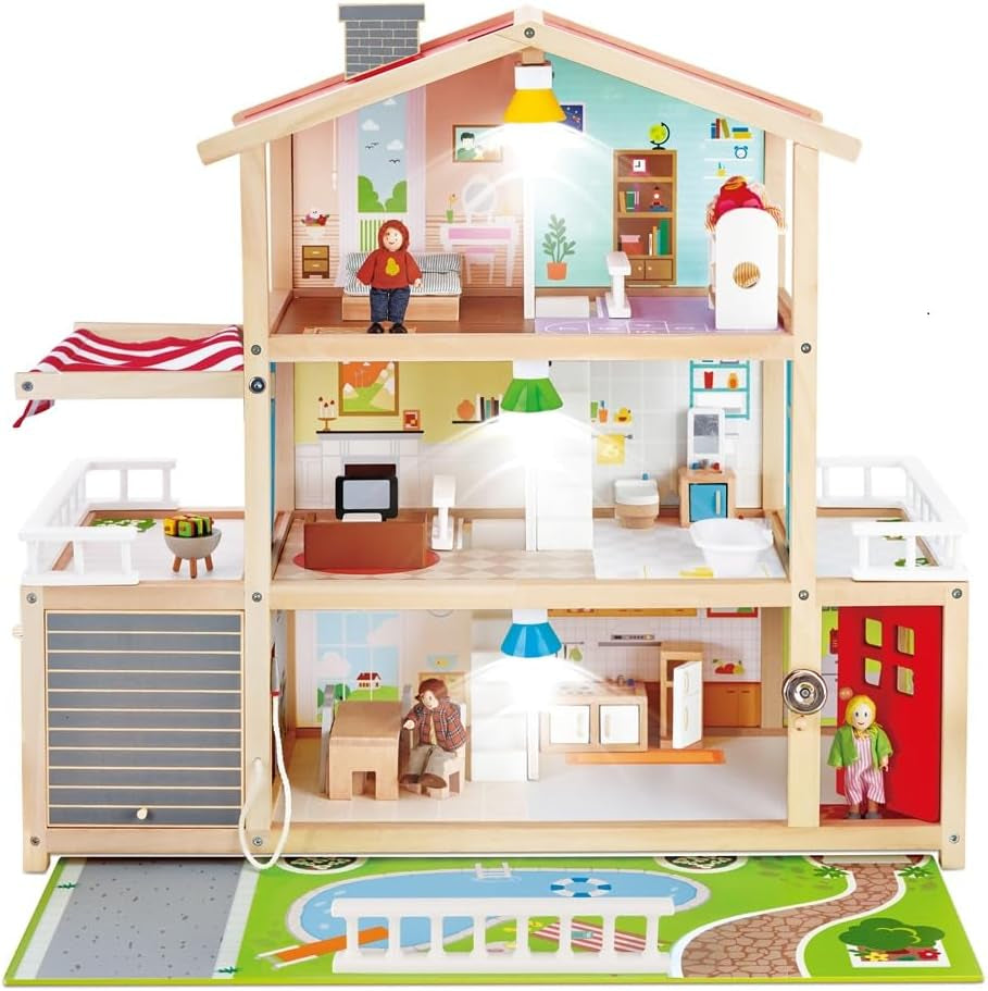 Hape Doll's Villa Casa de muñecas de madera de 10 habitaciones Juego de rol creativo que incluye muebles y accesorios Juguete educativo para edades de 3 años en adelante
