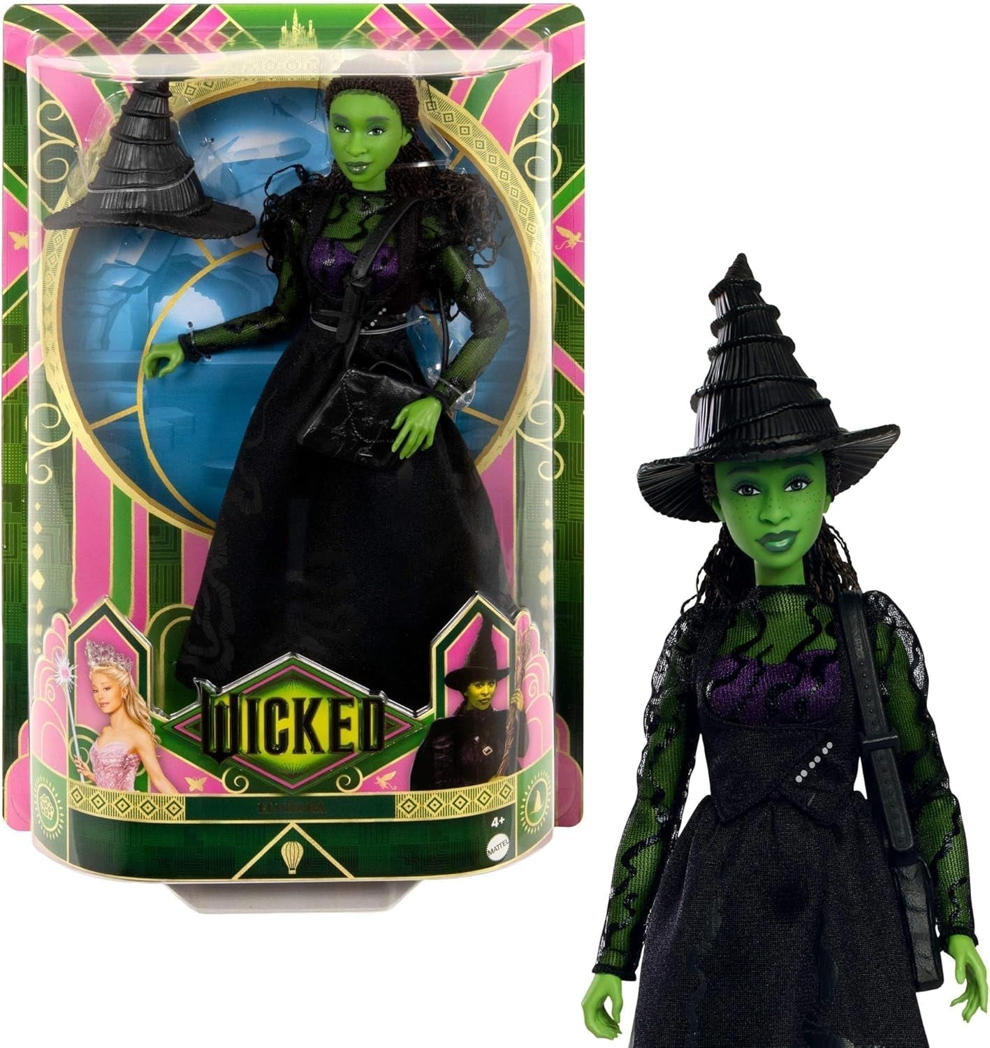 Mattel Muñeca de moda Wicked Elphaba y accesorios con piel verde, cabello trenzado negro, diferentes poses posibles y apariencia de vestido de fiesta extensible, HXT62, [Multicolor] Naty Shop Dolls Default Title