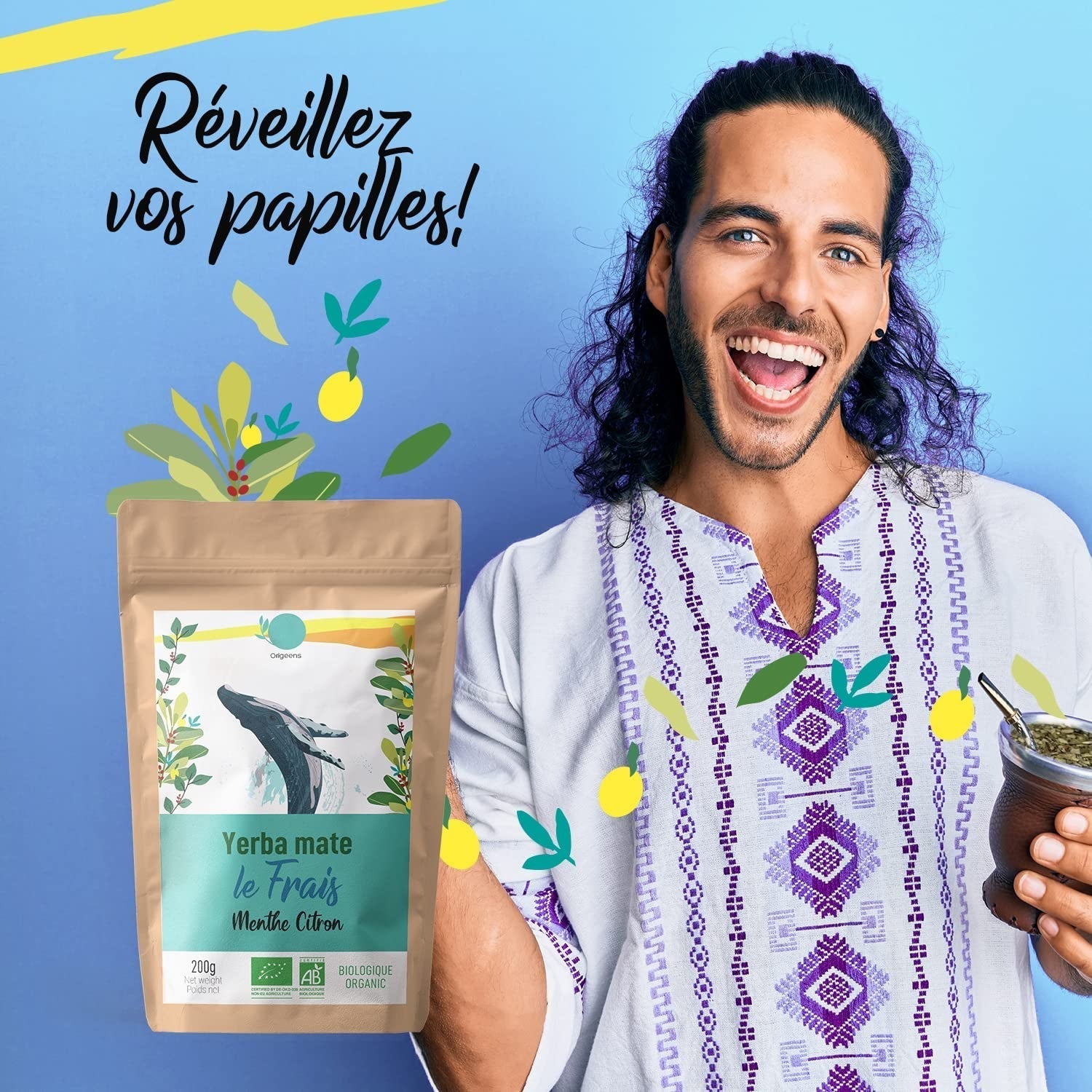 ORIGEENS YERBA MATE BIO CON MENTA Y LIMÓN 200 G - Frescura I Yerba Mate Bio Sin Tostar, hojas, sin tallos y sin polvo