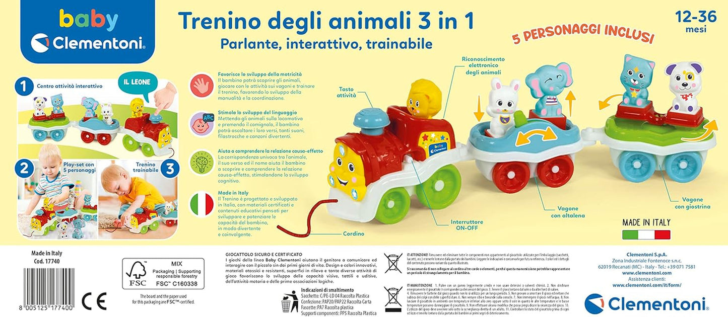 Clementoni Animali-3 Tren eléctrico de juguete interactivo expandible parlante para bebé de 1 año (versión italiana) Made in Italy Multicolor 17740 Jucarii Bebe Naty Shop