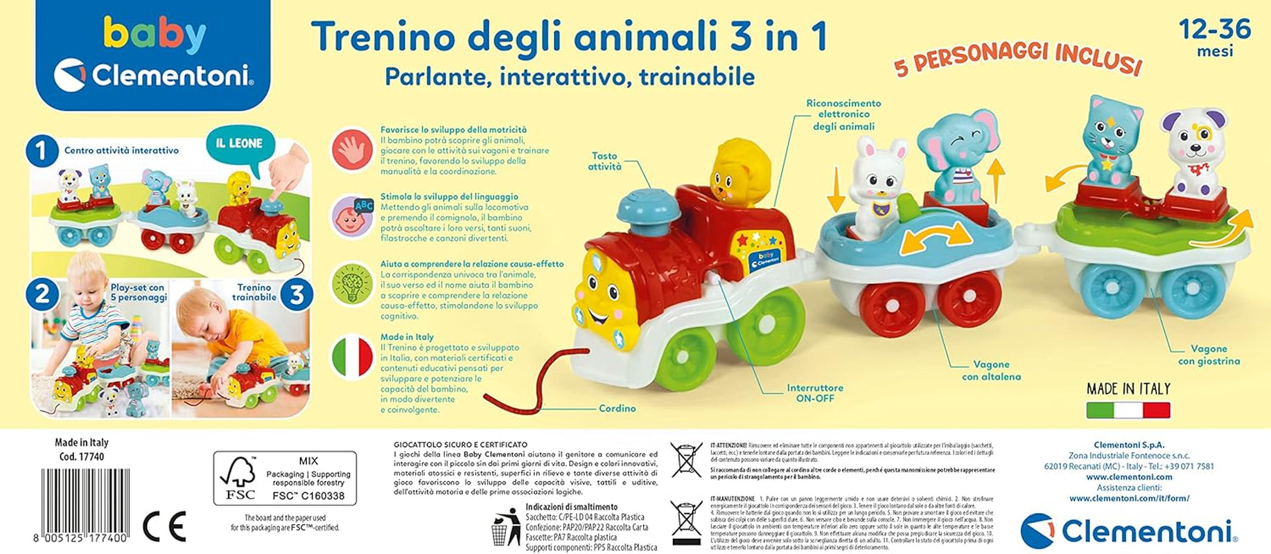 Clementoni Animali-3 Tren eléctrico de juguete interactivo expandible parlante para bebé de 1 año (versión italiana) Made in Italy Multicolor 17740 Jucarii Bebe Naty Shop