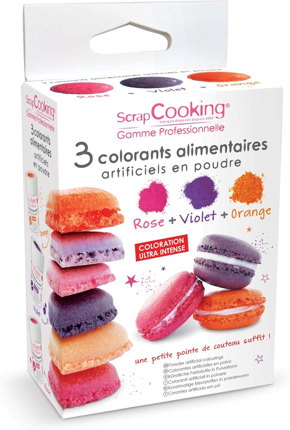 3 colorantes alimentarios: naranja, morado y rosa.