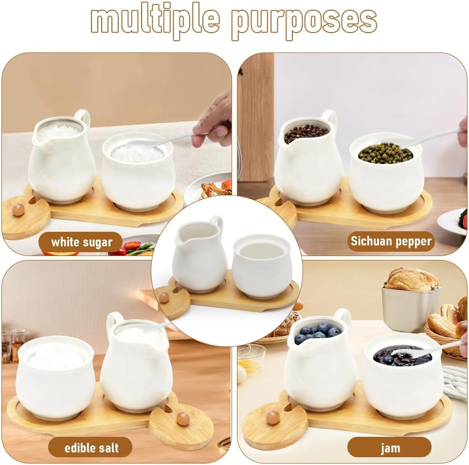 Juego de leche y azúcar con tapa y cuchara, lechera de cerámica de 5 piezas y azucarero con tableta de madera, recipiente para leche y azúcar para cocina, café, microondas y lavavajillas (blanco)