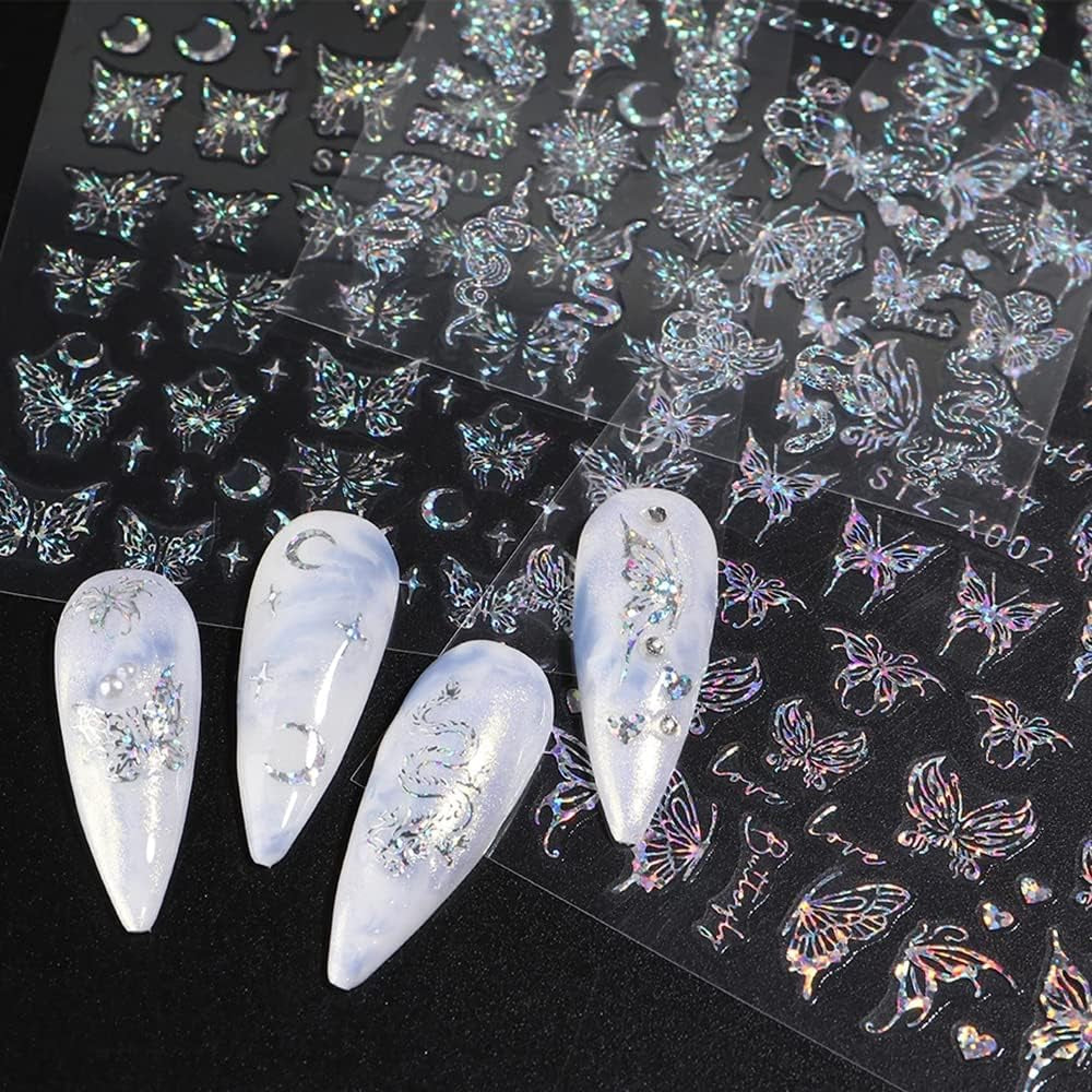 6 Blatt Schmetterling Nagelsticker Selbstklebend Laser Silber Schmetterlings Nagelaufkleber 3D Aurora Silber Schwarz Schmetterlinge Nagel Pegatinas Frühling Nageldesign Nail Sticker Nail Art Zubehör