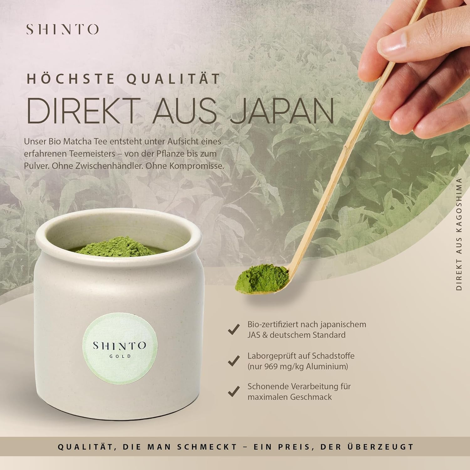 Shinto - Té Matcha orgánico "Gold" - Té verde en polvo de grado ceremonial - Certificado JAS y UE BIO - Sombreado y recogido a mano - Importación directa de Uji, Japón - 30 g
