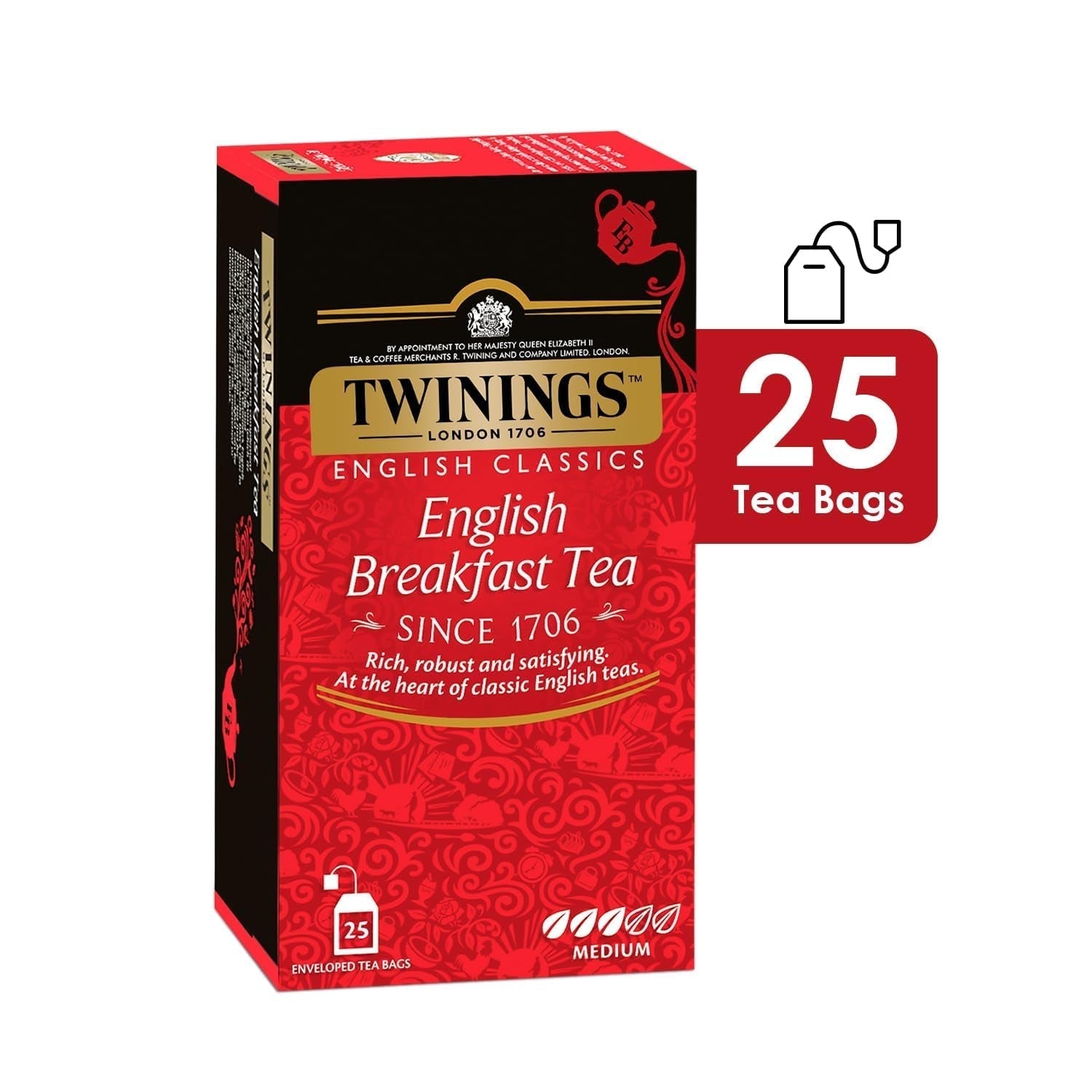 Twinings English Breakfast Black Tea 50g, 25 bolsitas de té, té negro completo, redondo y fuerte procedente de las mejores plantaciones de té de Sri Lanka y la India. Té negro Paquete de 1 (1 x 50 g)
