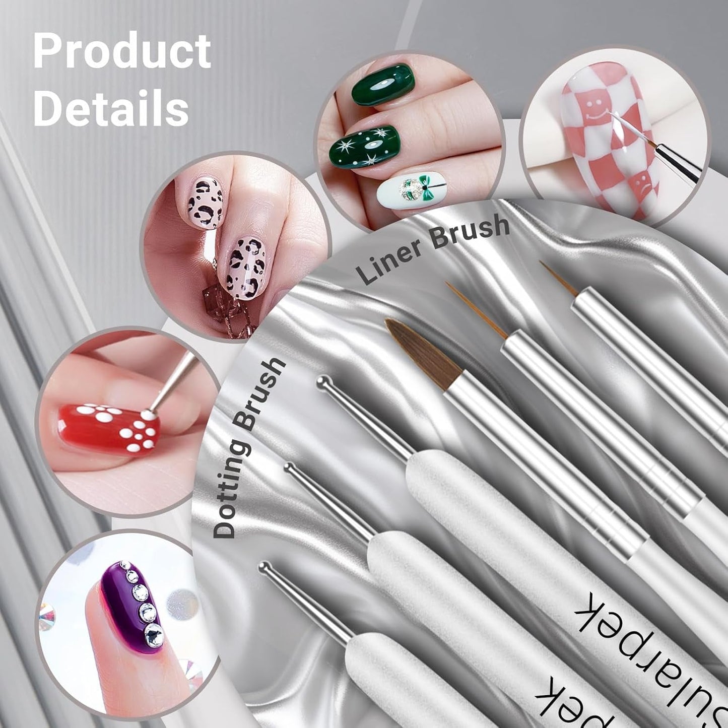 Sularpek Juego de 8 pinsel para uñas, pinsel para gel, pinsel de diseño, herramientas de punteado para decoración de uñas, pinsel para gel acrílico, pinsel para uñas