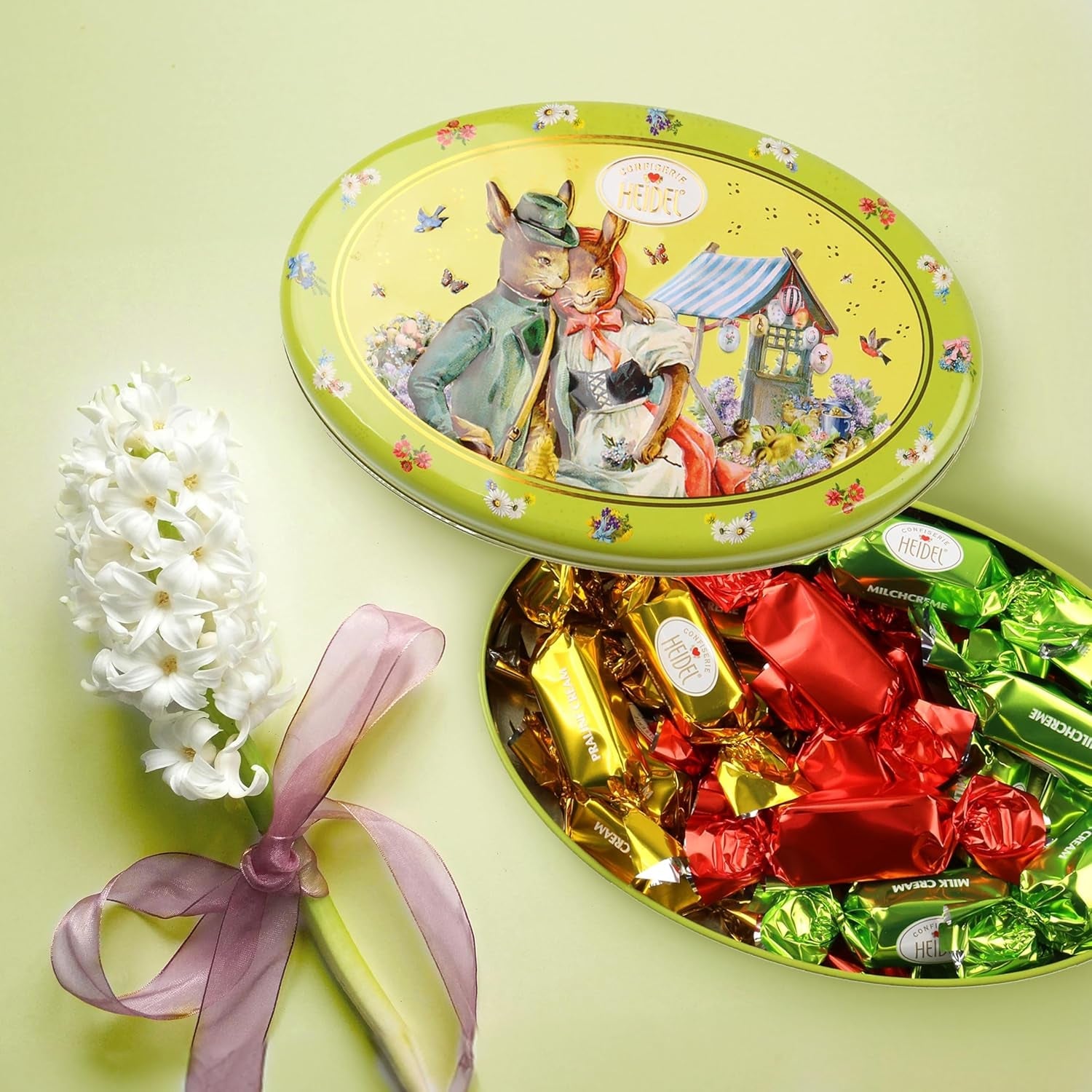 Caja de regalo con tarjeta de Pascua de Heidel, 183 g, praliné de chocolate con leche de primera calidad con caja de metal decorativa, ideal como regalo de Pascua