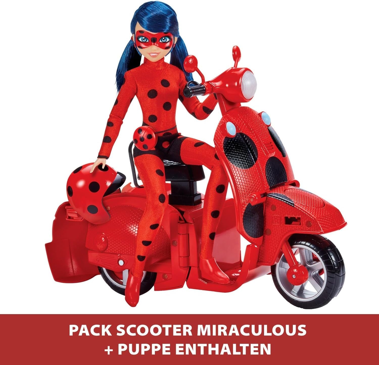 Bandai - Miraculous Ladybug - Patinete Miraculous Switch'n Go + Muñeca articulada Ladybug Lucky Charm de 26 cm - P50668