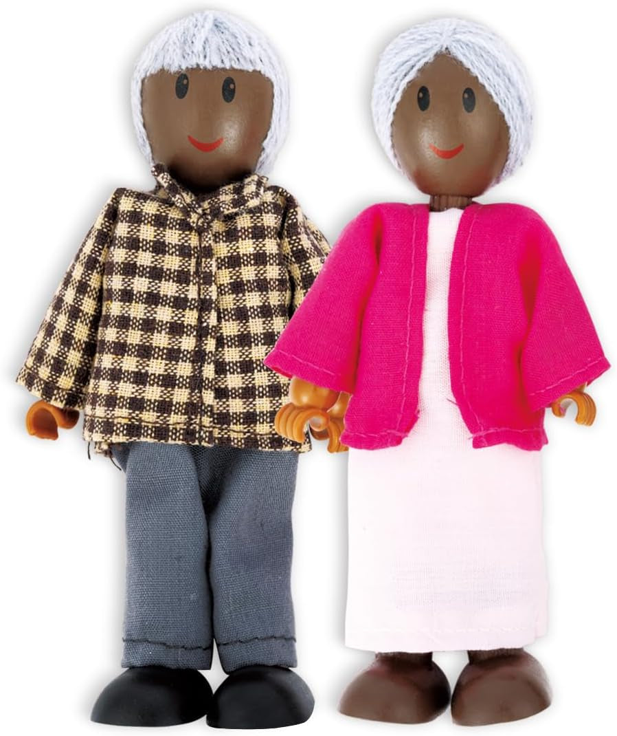 Hape Doll Family - Juego de accesorios para casa de muñecas de cuero oscuro de 6 piezas con figuras de madera y tela, juego de simulación, juguete educativo, juguete de aprendizaje interactivo para niños de 3 años en adelante