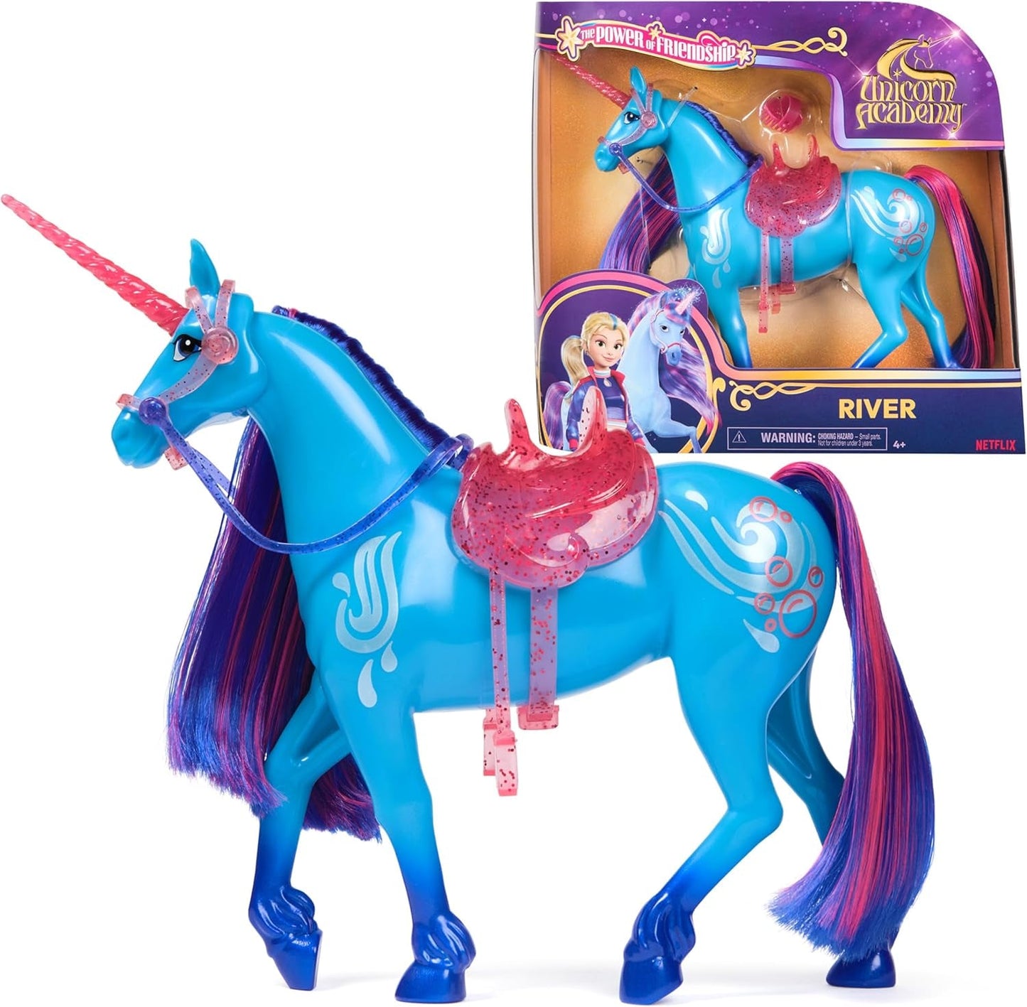 Unicorn River Unicorn Academy - Unicornio Isabel original de 28 cm de alto de la serie de Netflix, con melena y cola reales, brida, silla y cepillo extraíbles, para niños a partir de 4 años