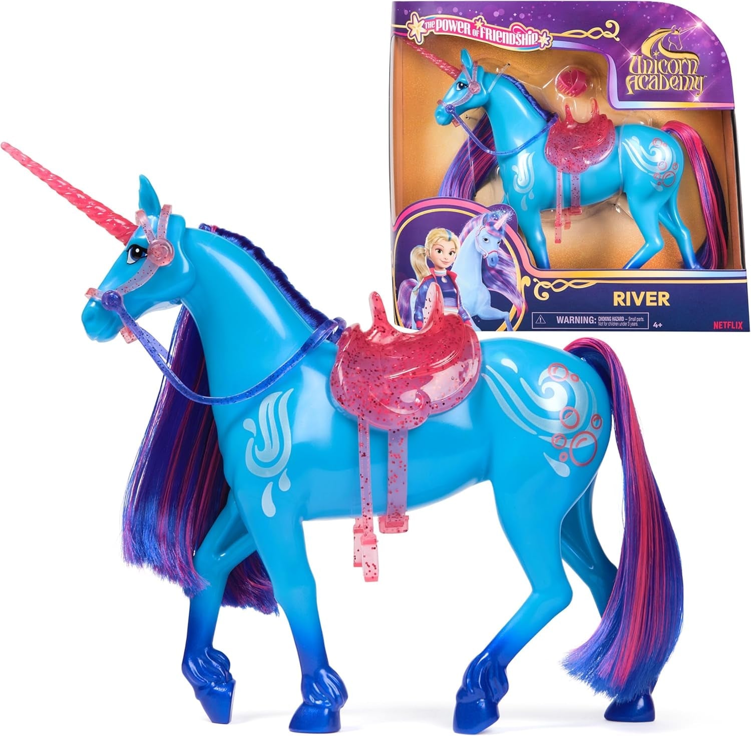 Unicorn River Unicorn Academy - Unicornio Isabel original de 28 cm de alto de la serie de Netflix, con melena y cola reales, brida, silla y cepillo extraíbles, para niños a partir de 4 años
