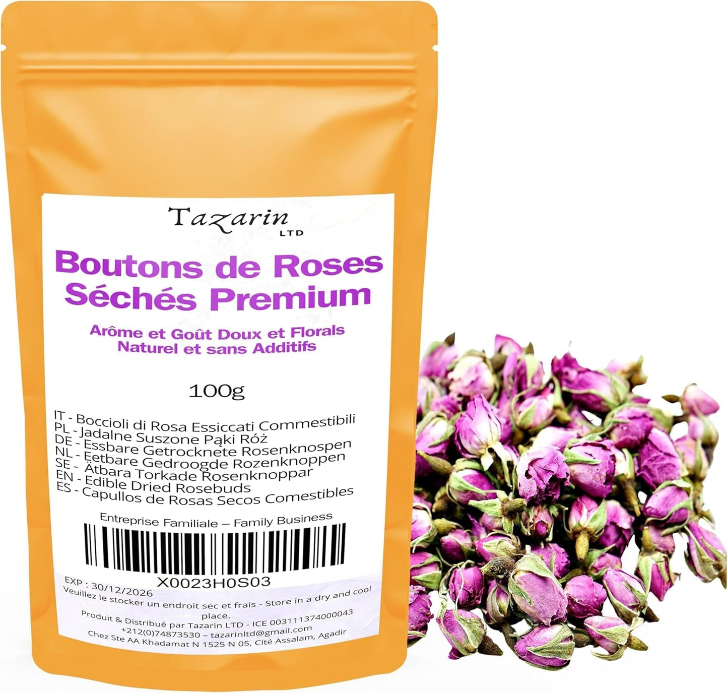 100 g de capullos de rosa comestibles de primera calidad - infusión de pétalos de rosa secos del Atlas - sabor y aroma dulce y floral - 100% natural, puro y sin aditivos | Tazarin Ltd.
