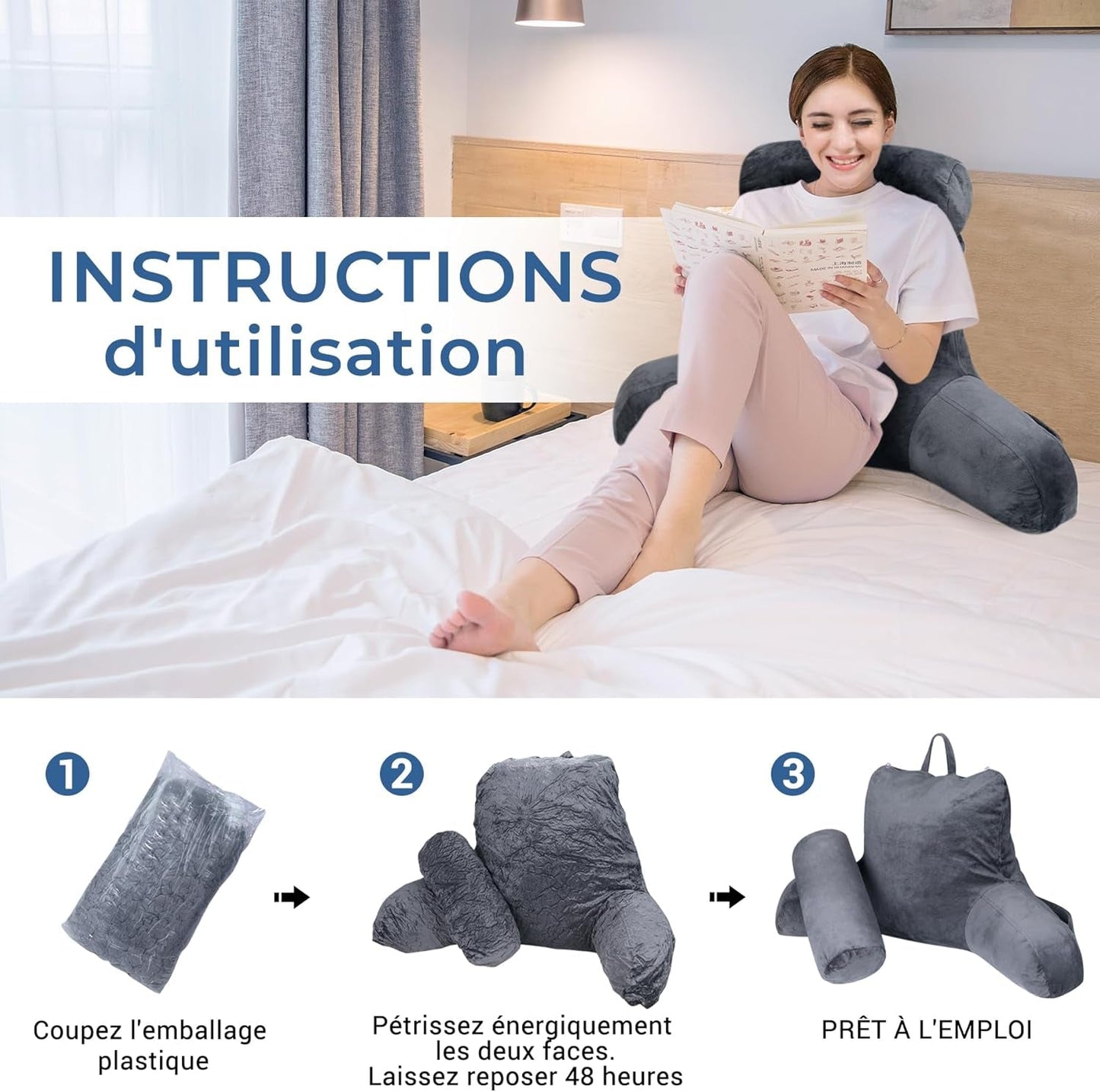 INFANZIA almohada de lectura ergonómica con reposabrazos, respaldo viscoelástico, gris, M